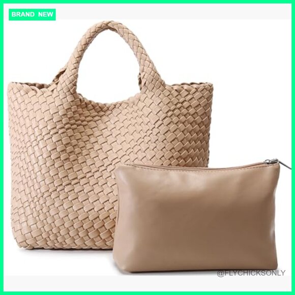 Vegan Leather Tote Shoulder Bag with Clutch, Faux Leather Woven Handbag - Picture 7 of 7